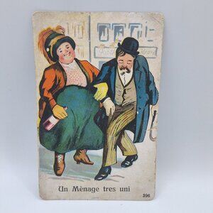 Antique French Postcard Un‎ Menage Tres Uni Artwork Humor Multilingual Handmade